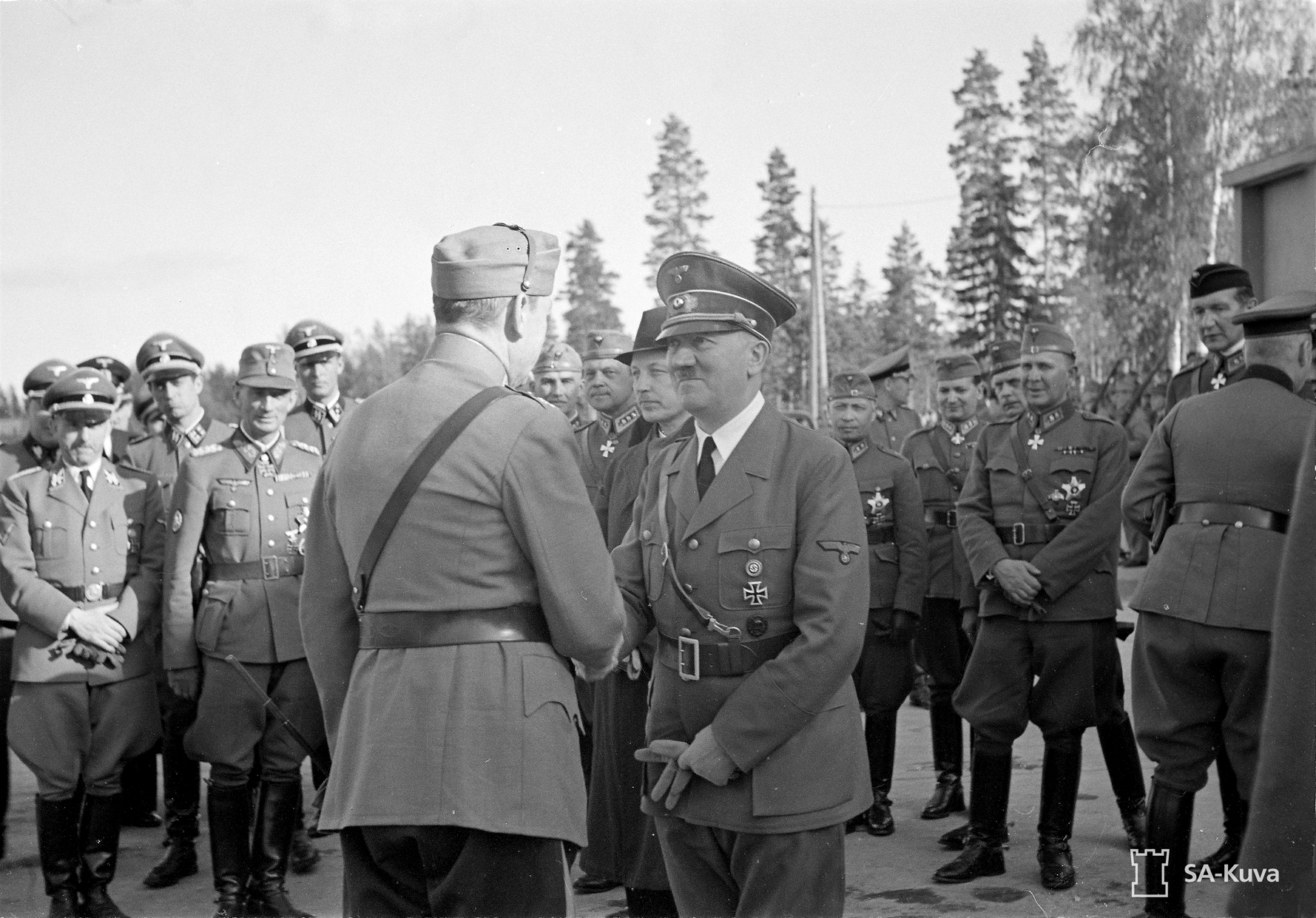 Adolf Hitler bids farewell to Mannerheim before his departure after his visit in Finland 